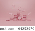 Falling coin stack on pink pastel background. 94252970