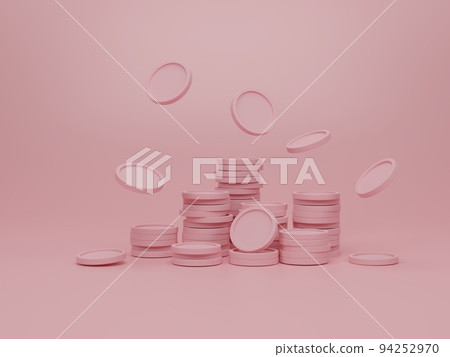 Falling coin stack on pink pastel background. Falling coin stack on pink pastel background. 94252970