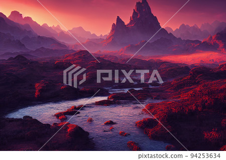Amazing landscapes view of mountain with gold hour on sunrise morning. 2D Illustration. 94253634