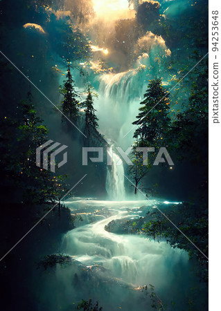 Beautiful waterfall in deep forest like a paradise. 2D Illustration. 94253648