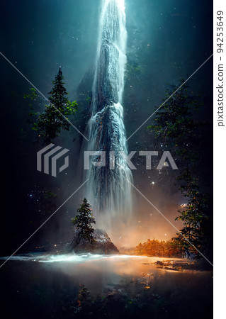 Beautiful waterfall in deep forest like a paradise. 2D Illustration. Beautiful waterfall in deep forest like a paradise. 2D Illustration. 94253649