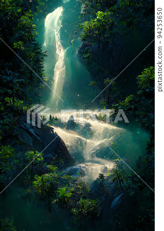 Beautiful waterfall in deep forest like a paradise. 2D Illustration. 94253650