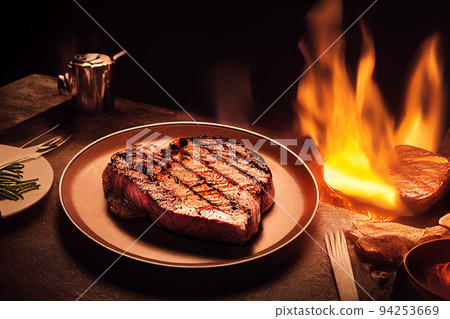 Grilled beef steak medium rare on fire. Selective Focus. 3D Illustration. Grilled beef steak medium rare on fire. Selective Focus. 3D Illustration. 94253669