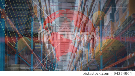 Image of diverse data and globe over warehouse 94254964