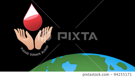 Image of blood donation icon and text over globe 94255171