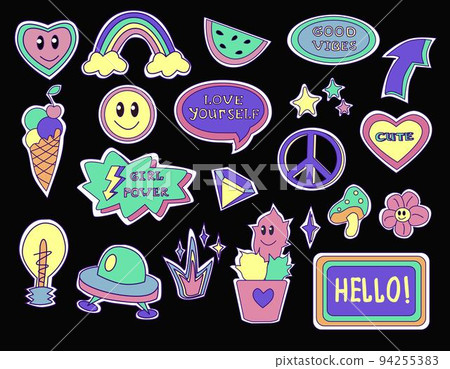 Cool groovy girly retro stickers with smile faces, cartoon comic label patches. Geek hipster vaporwave stickers . Vector illustration of y2k , 90s graphic design badges on black background 94255383