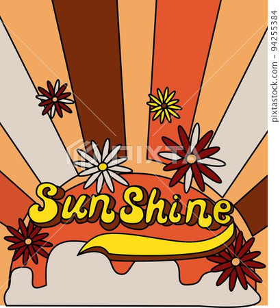 Retro sunset vector Graphic, Sunshine and flowers, groovy vibes vector graphic print design for t shirt, stickers, posters, background and others. Vintage vector illustration. 94255384