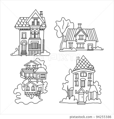 Outline citycsape Set of vector houses for coloring book Big cottage, country house and tree house 94255386