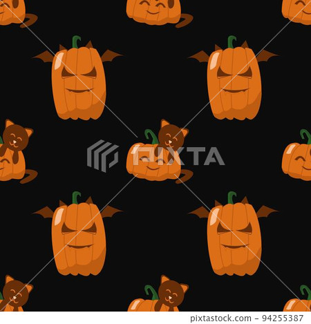 Seamles Halloween pattern with big and small happy orange pumpkins with cat 94255387