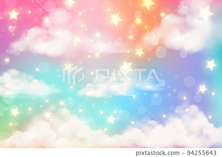 Fantasy realistic rainbow background with clouds in pastel colors. Unicorn cartoon cute wallpaper. Fairy vector landscape. 94255643