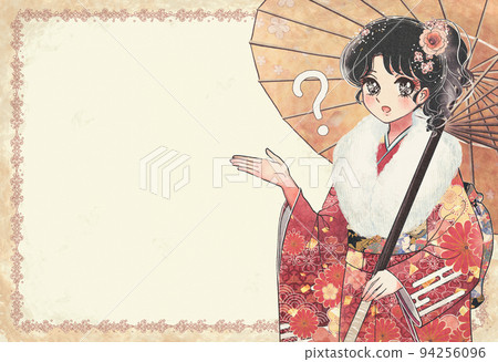 Old girl cartoon style, coming-of-age ceremony New Year's Day, kimono guide Old girl cartoon style, coming-of-age ceremony New Year's Day, kimono guide 94256096