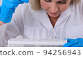 Close up research chemist takes samples for research and works in a laboratory with a micropipette 94256943