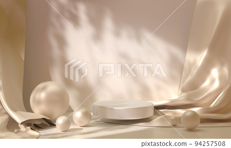 Podium with silk cloth and geometric spheres on beige pastel backdrop. Blank round pedestal with luxury textile drapery, pearls and shadow for display cosmetic product, mock up banner 94257508