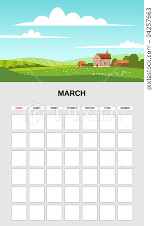 March Calendar Planner month. Minimalistic rural farm landscape natural backgrounds Spring. Monthly template for diary business. Vector isolated 94257663