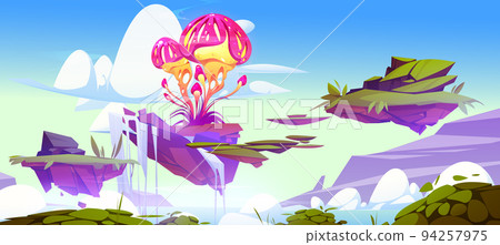Fantasy mushroom on flying island with waterfall 94257975