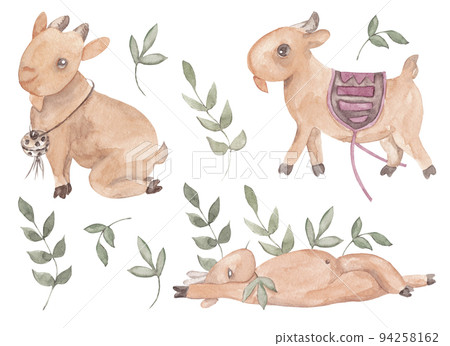 Cute goat watercolor flat illustration isolated on white background. Farm goat in different poses: cartoon character surrounded by greenery sits, lies or walks Cute goat watercolor flat illustration isolated on white background. Farm goat in different poses: cartoon character surrounded by greenery sits, lies or walks 94258162