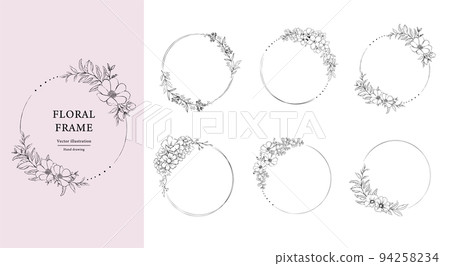 Floral hand drawn frame set. Round frame line drawing black and white 94258234