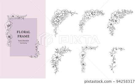 Flower hand-drawn line drawing frame decoration set. black and white Flower hand-drawn line drawing frame decoration set. black and white 94258317