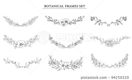 Flower hand-drawn line drawing frame set. black and white 94258320
