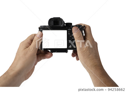 a man holds a mirrorless camera with his hands a man holds a mirrorless camera with his hands 94258662