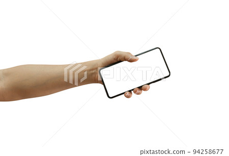 Man hand holding black smartphone with blank screen isolated on white background Man hand holding black smartphone with blank screen isolated on white background 94258677