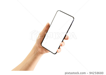 Man hand holding black smartphone with blank screen isolated on white background Man hand holding black smartphone with blank screen isolated on white background 94258680