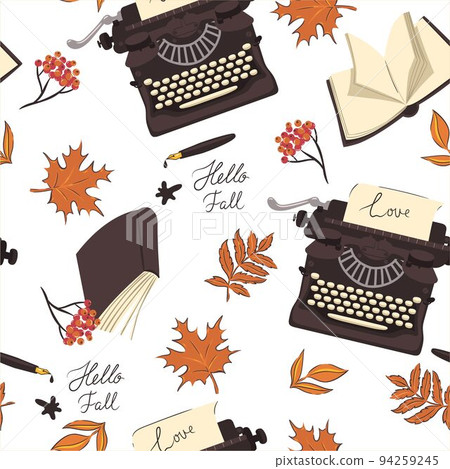 Seamless pattern with autumn leaves, typewriters, fountain pens, books. Vector graphics Seamless pattern with autumn leaves, typewriters, fountain pens, books. Vector graphics 94259245
