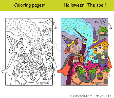 Coloring and color Halloween children cook a potion vector 94259417