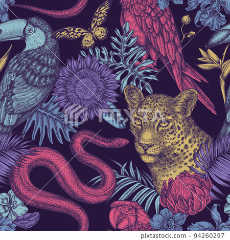 Tropical animals seamless pattern background design. Engraved style. Hand drawn leopard, snake, toucan, scarlet macaw, african giant swallowtail, monstera, strelitzia, tropical palm leaves, orchid Tropical animals seamless pattern background design. Engraved style. Hand drawn leopard, snake, toucan, scarlet macaw, african giant swallowtail, monstera, strelitzia, tropical palm leaves, orchid 94260297