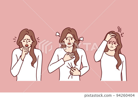 Unhealthy woman suffer from covid symptoms  94260404