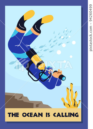 Scuba diving advertising poster, character exploring underwater life with binocular, flat vector illustration. Scuba diving advertising poster, character exploring underwater life with binocular, flat vector illustration. 94260499