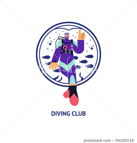 Scuba diver in special suit showing thumb, shape with silhouette of fishes and seaweeds 94260538