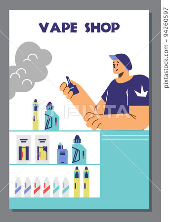 Poster or vertical banner about vape shop flat... - Stock Illustration  [94260597]