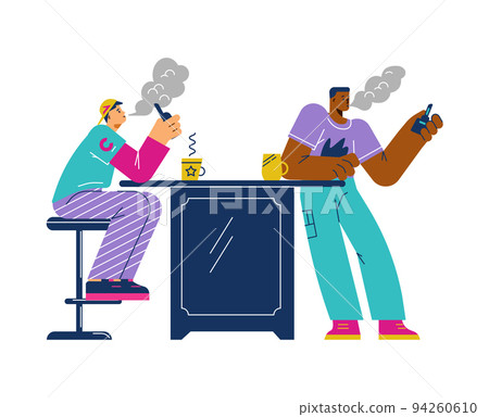 Two young men or teenagers vaping in cafe, flat vector illustration isolated on white background. Two young men or teenagers vaping in cafe, flat vector illustration isolated on white background. 94260610