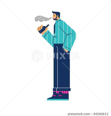 Young businessman vaping e-cigarette, flat vector illustration isolated on white background. Young businessman vaping e-cigarette, flat vector illustration isolated on white background. 94260612