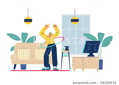 Elderly man in living room spinning hula hoop around waist, flat vector illustration on white background. 94260618