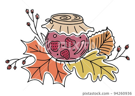 Doodle style vector strawberry jam with autumn leaves decoration, isolated on white background 94260936