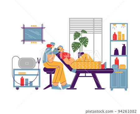 Woman getting lifting injection in cosmetology clinic, flat vector illustration on white background. 94261082