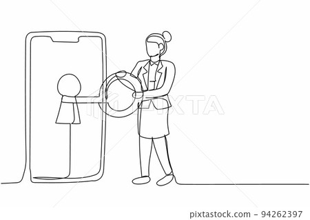 Single one line drawing businesswoman put key into smartphone. Unlock screen guard. Data privacy for protect internet user. Password device security system. Continuous line design vector illustration Single one line drawing businesswoman put key into smartphone. Unlock screen guard. Data privacy for protect internet user. Password device security system. Continuous line design vector illustration 94262397