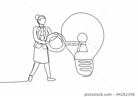 Continuous one line drawing businesswoman put key into light bulb. Brainstorming looking for business idea, invent new product or creative thoughts. Single line draw design vector graphic illustration Continuous one line drawing businesswoman put key into light bulb. Brainstorming looking for business idea, invent new product or creative thoughts. Single line draw design vector graphic illustration 94262398