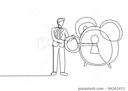 Continuous one line drawing businessman putting big key into alarm clock. Male manager in business suit winds the clock with key. Deadline work concept. Single line design vector graphic illustration 94262433