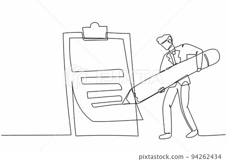 Single one line drawing attractive businessman mark checklist with pencil. Person completion business task. Goal achievements planning schedule. Continuous line draw design graphic vector illustration 94262434