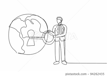 Single continuous line drawing businessman putting big key into globe. World protection from global warming. Security and data safety in internet or digital crime. One line design vector illustration 94262435