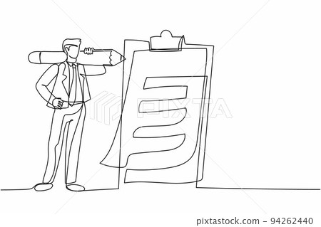 Continuous one line drawing positive businessman with giant pencil on shoulder nearby marked checklist clipboard paper. Successful completion of business tasks. Single line design vector illustration Continuous one line drawing positive businessman with giant pencil on shoulder nearby marked checklist clipboard paper. Successful completion of business tasks. Single line design vector illustration 94262440