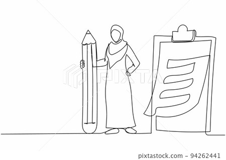 Single one line drawing Arab businesswoman with pencil, clipboard, checklist completed. Female worker holding big pencil looking at completed checklist. Continuous line draw design vector illustration Single one line drawing Arab businesswoman with pencil, clipboard, checklist completed. Female worker holding big pencil looking at completed checklist. Continuous line draw design vector illustration 94262441