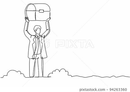 Single continuous line drawing active businessman lifting chest treasure in ground. Excited worker finding gem box artefact. Treasure gold hunting. One line draw graphic design vector illustration 94263360