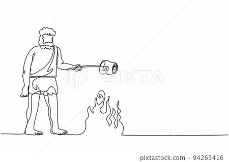 Single continuous line drawing caveman stands and cooking meat food on campfire. Prehistoric man standing and cooking meat on bonfire. Archaic human. One line draw graphic design vector illustration Single continuous line drawing caveman stands and cooking meat food on campfire. Prehistoric man standing and cooking meat on bonfire. Archaic human. One line draw graphic design vector illustration 94263416