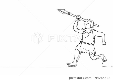 Single continuous line drawing angry hungry primitive caveman chasing running hunting animal with stone spear. Caveman of prehistoric era with weapon. One line draw graphic design vector illustration 94263428