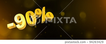 90% off discount offer. 3D illustration isolated on black. Horizontal banner 94263429