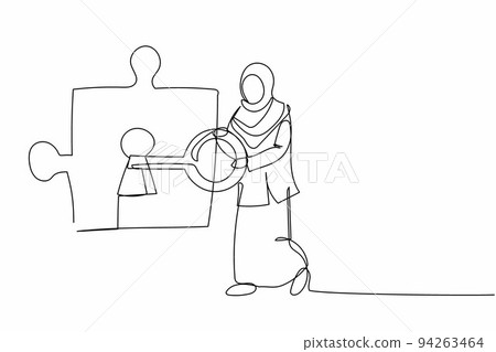 Single one line drawing Arab businesswoman put key into puzzle piece. Partnership or cooperation in business project. Teamwork solving complicated task. Continuous line draw design vector illustration Single one line drawing Arab businesswoman put key into puzzle piece. Partnership or cooperation in business project. Teamwork solving complicated task. Continuous line draw design vector illustration 94263464